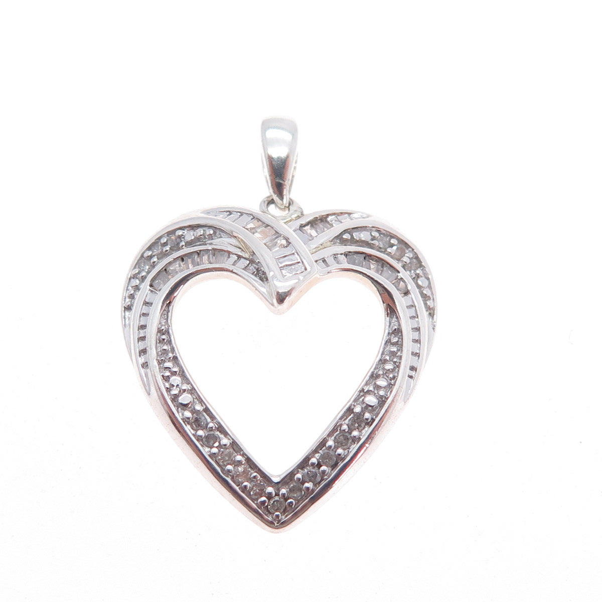 HAN Sterling Silver Real Round & Tapered Baguette-Cut Diamond Heart Mini Pendant