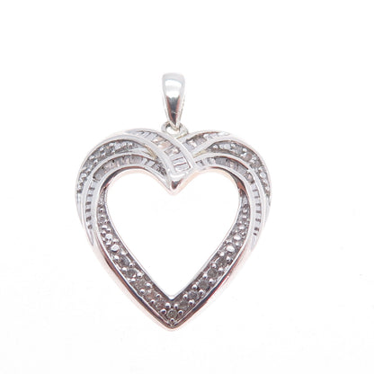 HAN Sterling Silver Real Round & Tapered Baguette-Cut Diamond Heart Mini Pendant