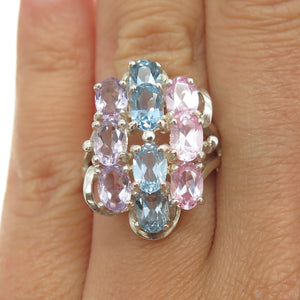 925 Sterling Silver Real Lavender & Pink Amethyst Blue Topaz Gem Ring Size 6.25