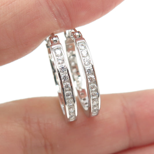 925 Sterling Silver Round-Cut C Z All Around Hoop Earrings