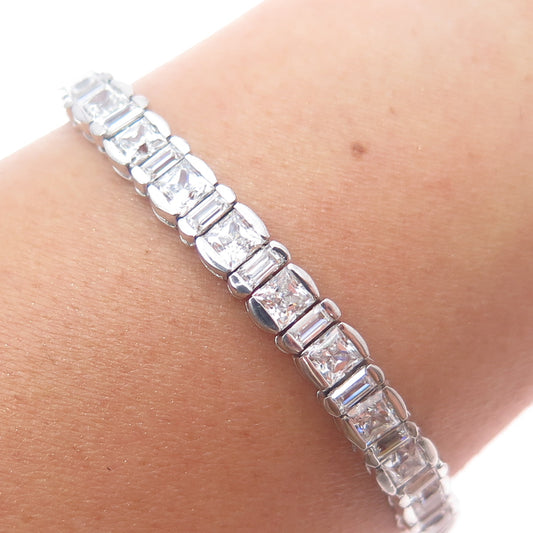 MEDA 925 Sterling Silver Princess & Baguette-Cut C Z Tennis Link Bracelet 7.5"
