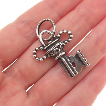 925 Sterling Silver Antique Art Deco Floral Key Oxidized Charm Pendant