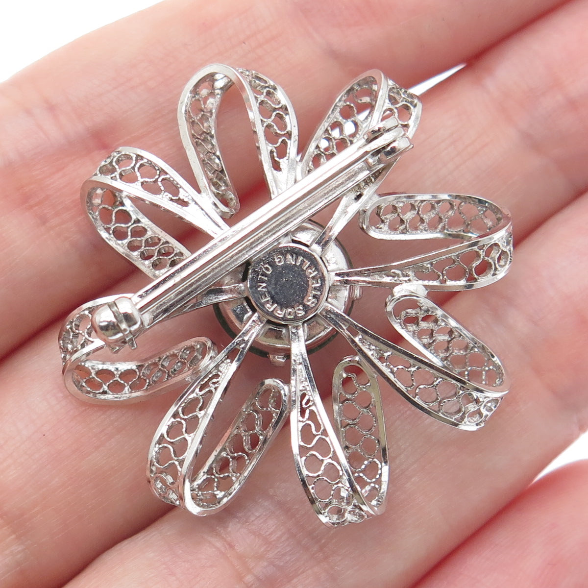SORRENTO 925 Sterling Silver Vintage Real Jade Filigree Flower Pin Brooch