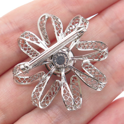 SORRENTO 925 Sterling Silver Vintage Real Jade Filigree Flower Pin Brooch