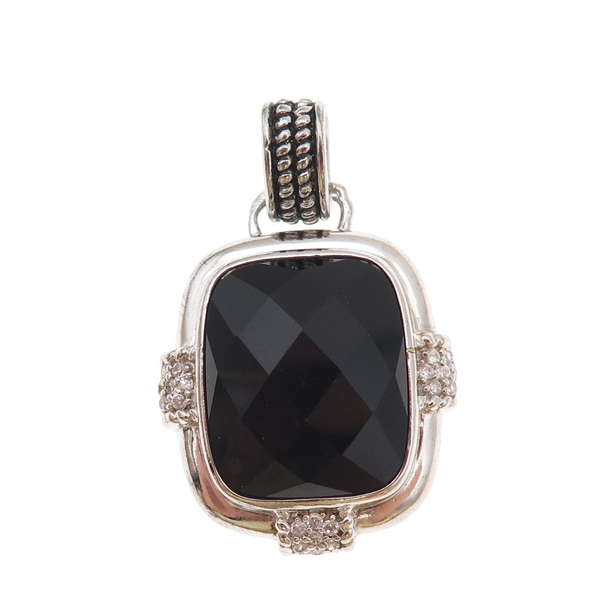 925 Sterling Silver Real Black Onyx & C Z Charm Pendant