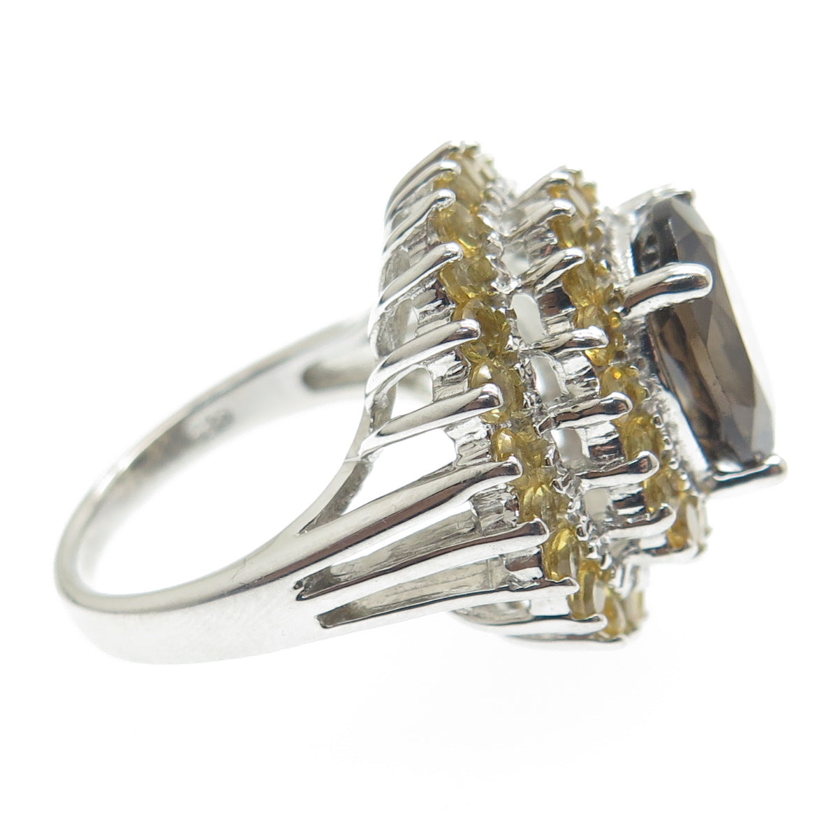 925 Sterling Silver Real Oval-Cut Smoky Quartz & Citrine Ring Size 7.5