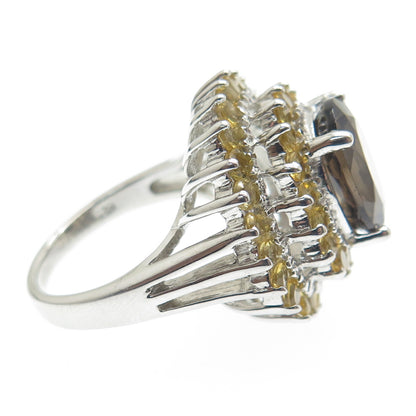 925 Sterling Silver Real Oval-Cut Smoky Quartz & Citrine Ring Size 7.5