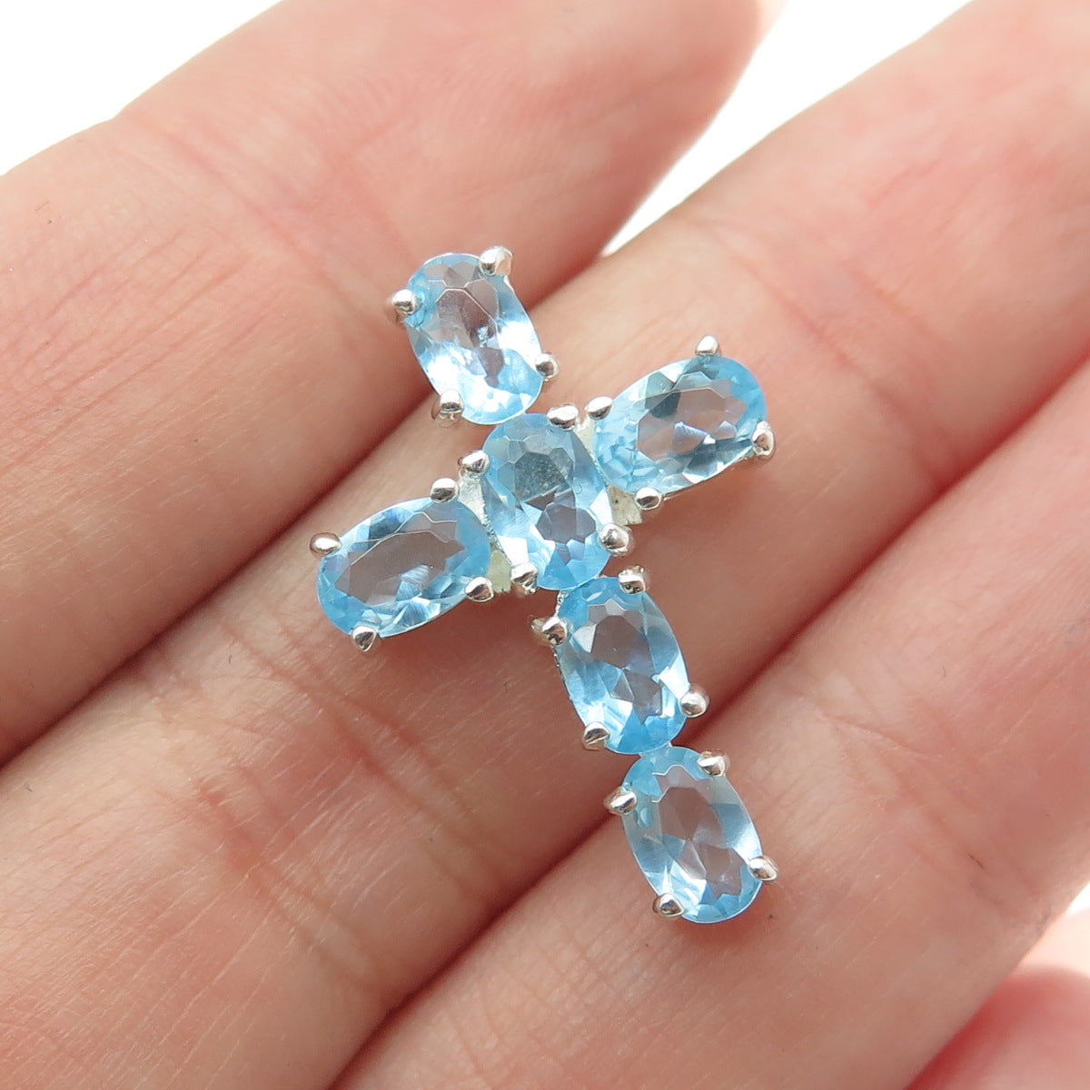 925 Sterling Silver Real Oval-Cut Aquamarine Cross Slide Pendant