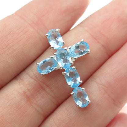 925 Sterling Silver Real Oval-Cut Aquamarine Cross Slide Pendant