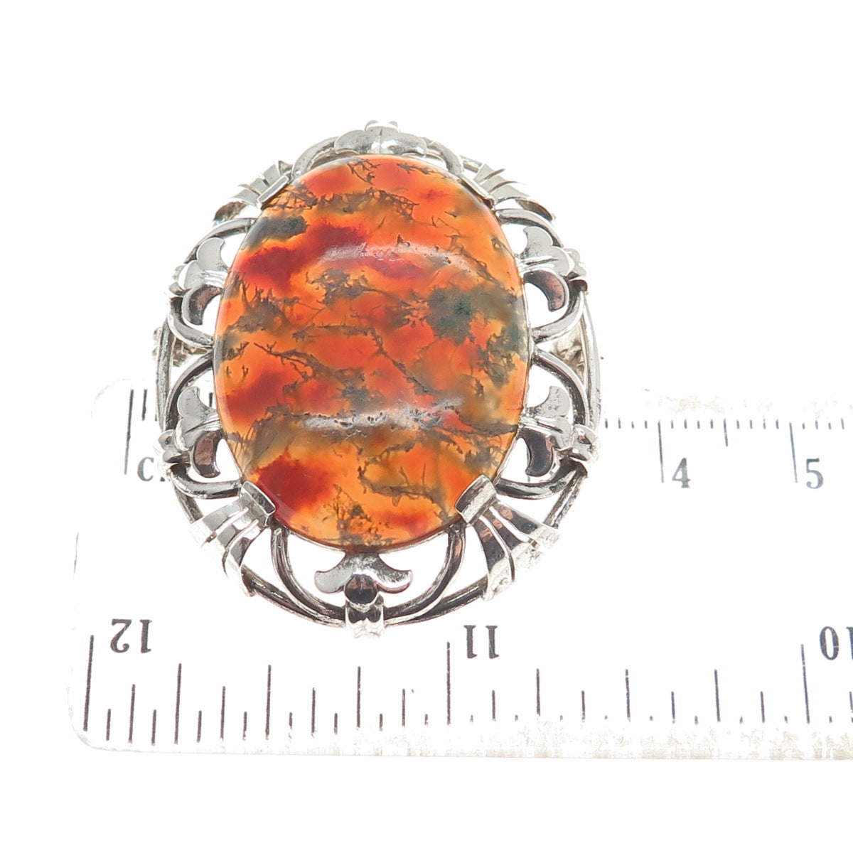 835 Silver Vintage Netherlands Real Fire Agate Gem Ornate Frame Pendant / Brooch