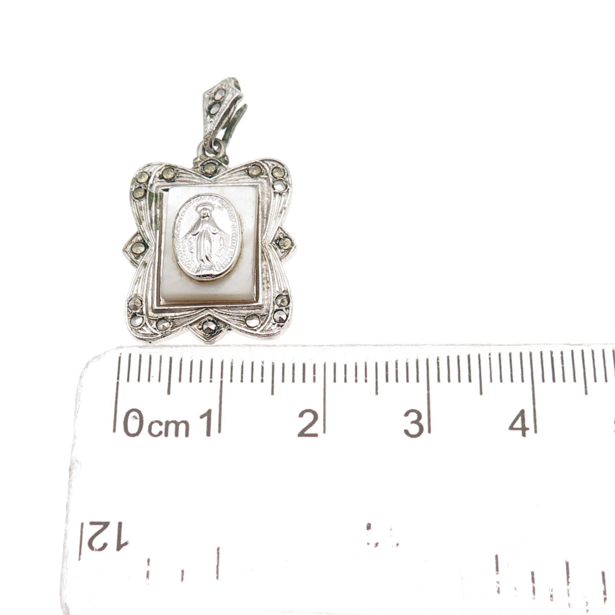 925 Sterling Silver Antique Art Deco Real MOP & Marcasite St. Mary Charm Pendant
