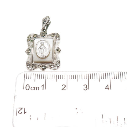 925 Sterling Silver Antique Art Deco Real MOP & Marcasite St. Mary Charm Pendant