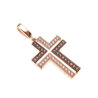 925 Sterling Silver Gold Plated Black Rhodium Cognac & White C Z Cross Pendant