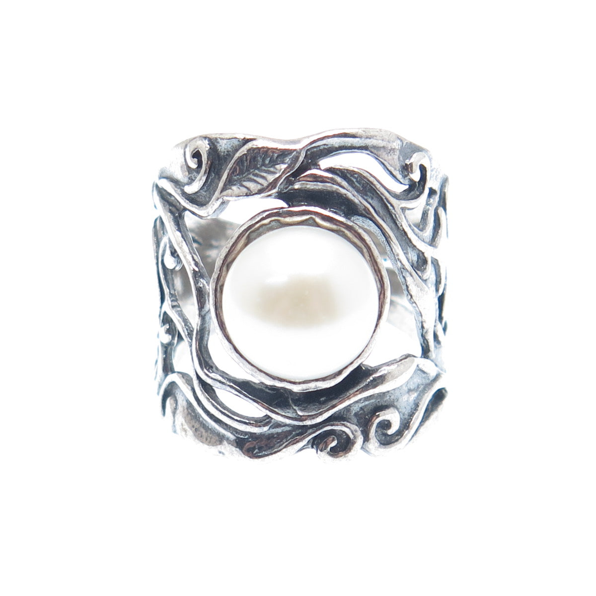 DIDAE Sterling Silver Vintage Israel Real Pearl Modernist Oxidized Ring Size 7