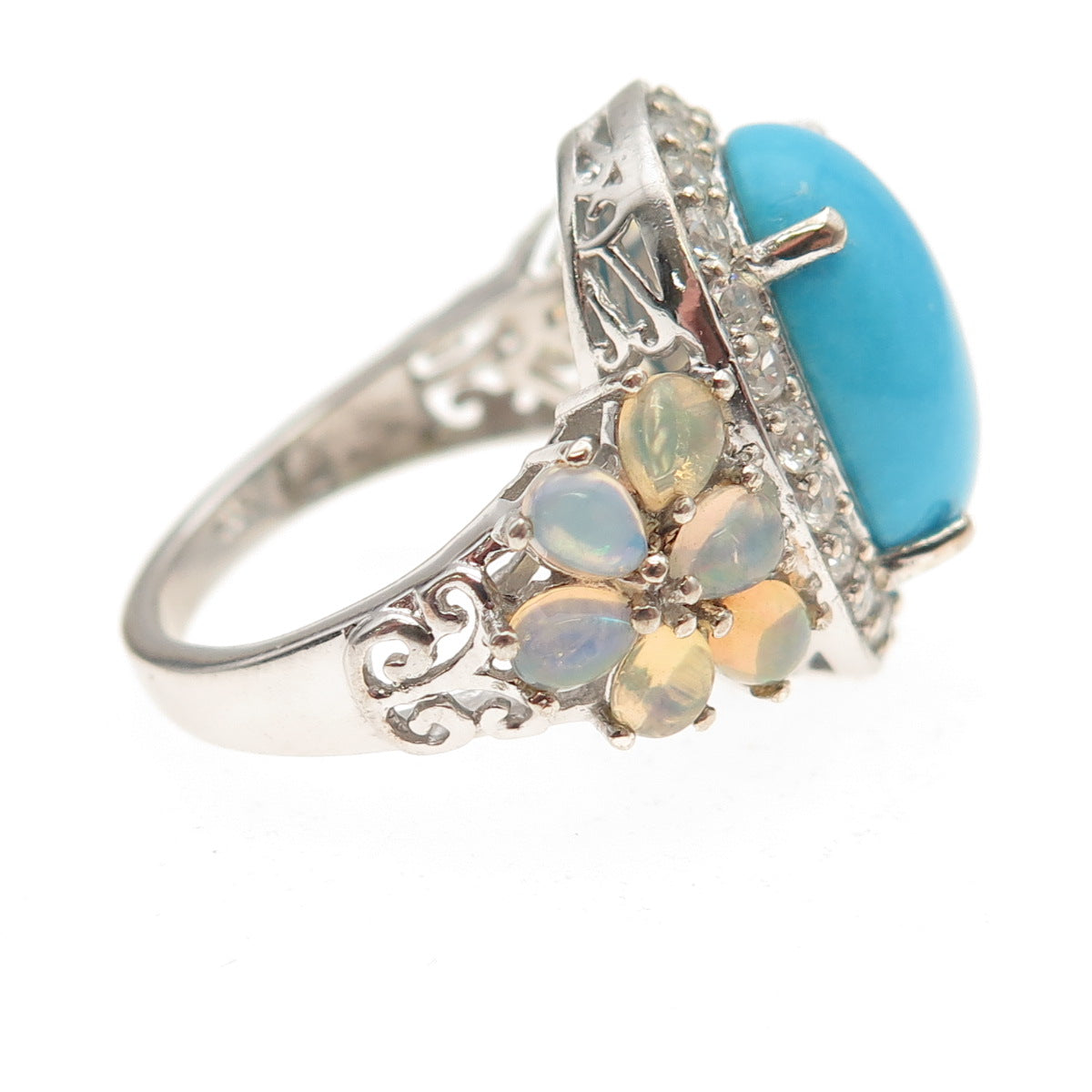 Chuck Clemency 925 Sterling Silver Real Turquoise Opal & White Topaz Ring Size 8