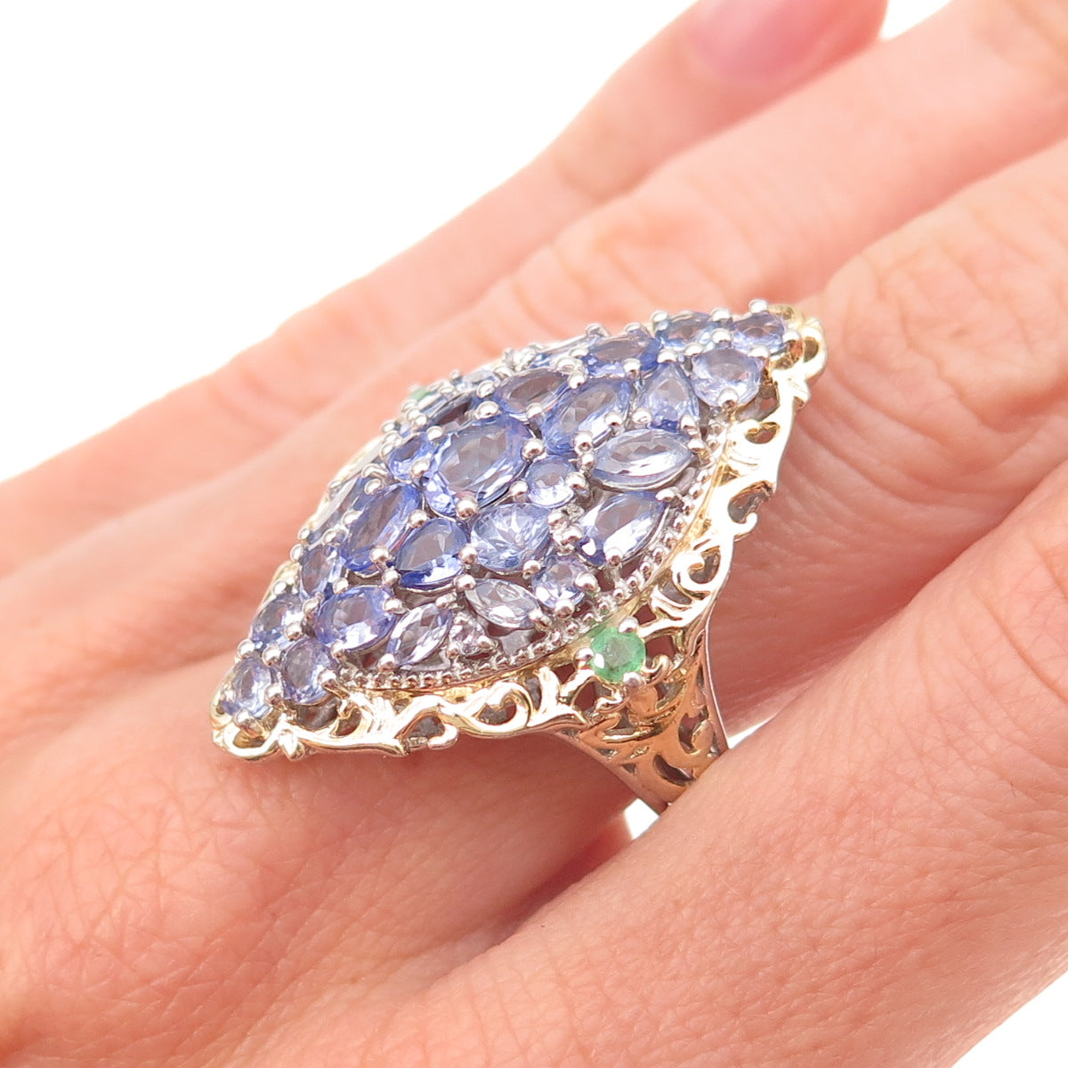 Chuck Clemency 925 Sterling Silver 2-Tone Real Tanzanite Emerald Ring Size 8.25