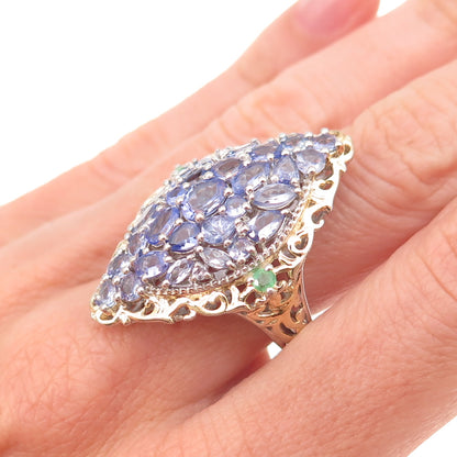 Chuck Clemency 925 Sterling Silver 2-Tone Real Tanzanite Emerald Ring Size 8.25