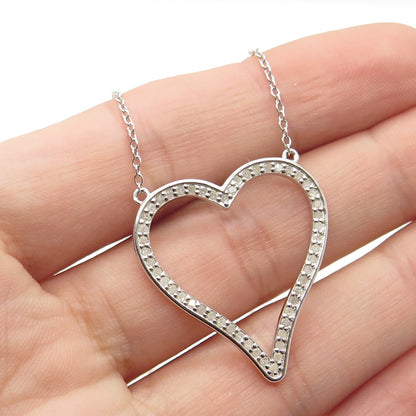 925 Sterling Silver Real Round-Cut Diamond Open Heart Cable Chain Necklace 18"