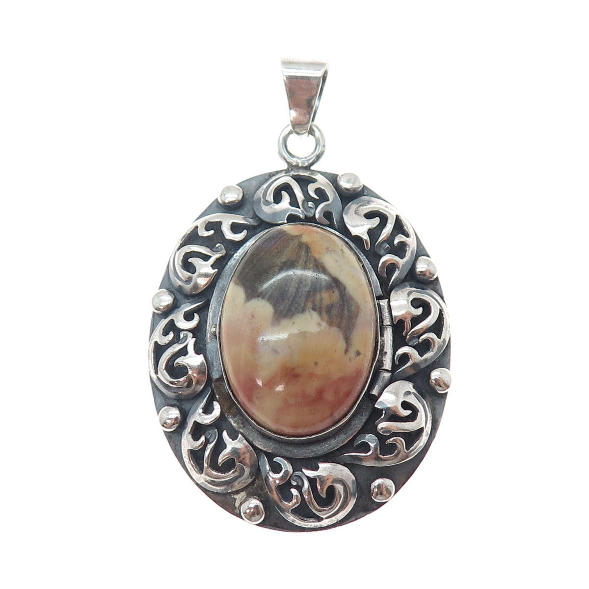 925 Sterling Silver Vintage Mexico Real Jasper Floral Oxidized Charm Pendant