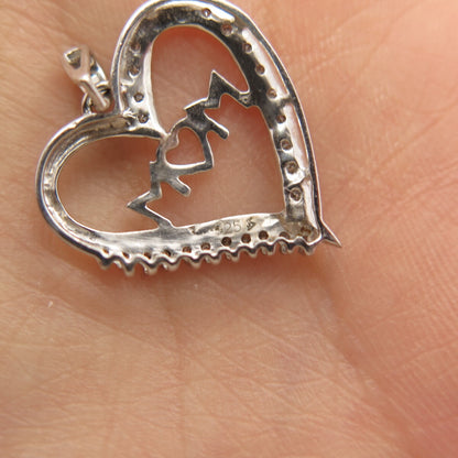 925 Sterling Silver Real Diamond "Mom" Love Heart Pendant