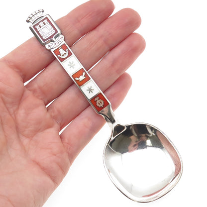 MAGNUS AASE 925S Sterling Vintage Norway Enamel Bergen Coat of Arms Baby Spoon