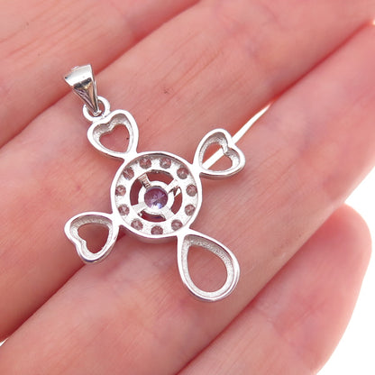 925 Sterling Silver Lavender & White C Z Heart Cross Charm Pendant