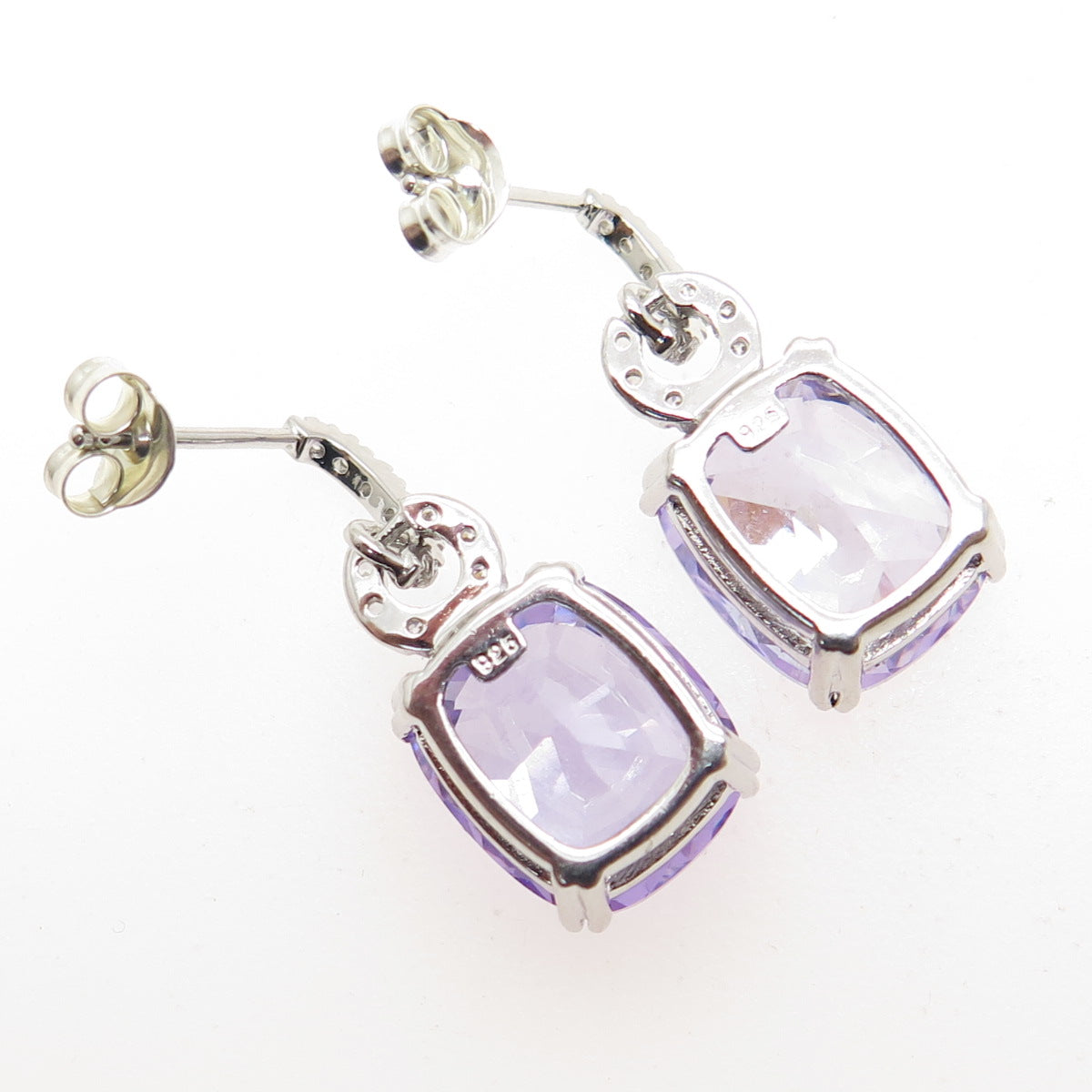 925 Sterling Silver Cushion & Round-Cut Purple White C Z Dangle Earrings