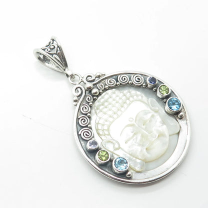 925 Sterling Silver Vintage Real MOP Iolite Topaz Peridot Buddha Amulet Pendant