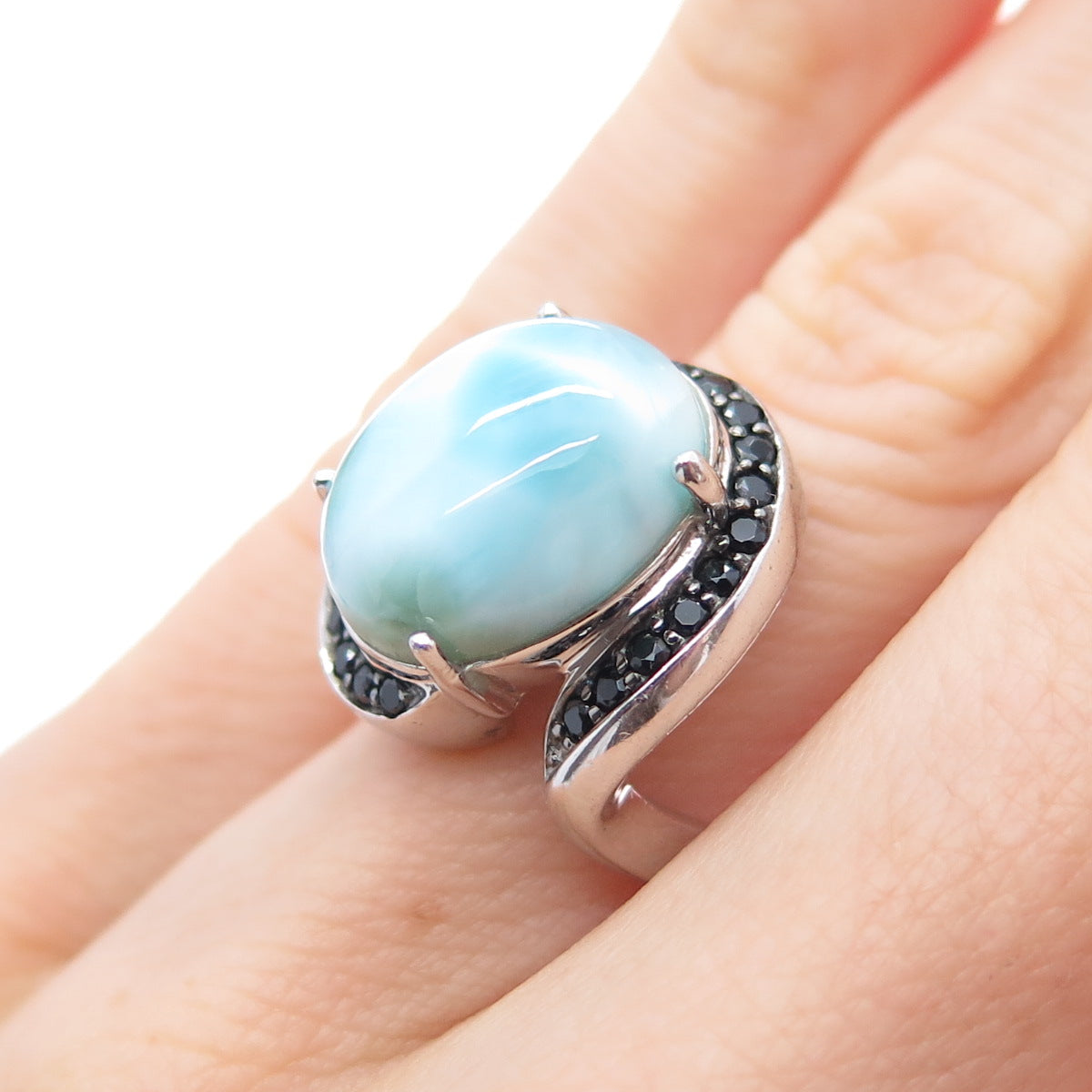 NOA ZUMAN 925 Sterling Silver Real Larimar & Black Spinel Bypass Ring Size 6