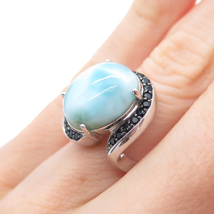 NOA ZUMAN 925 Sterling Silver Real Larimar & Black Spinel Bypass Ring Size 6