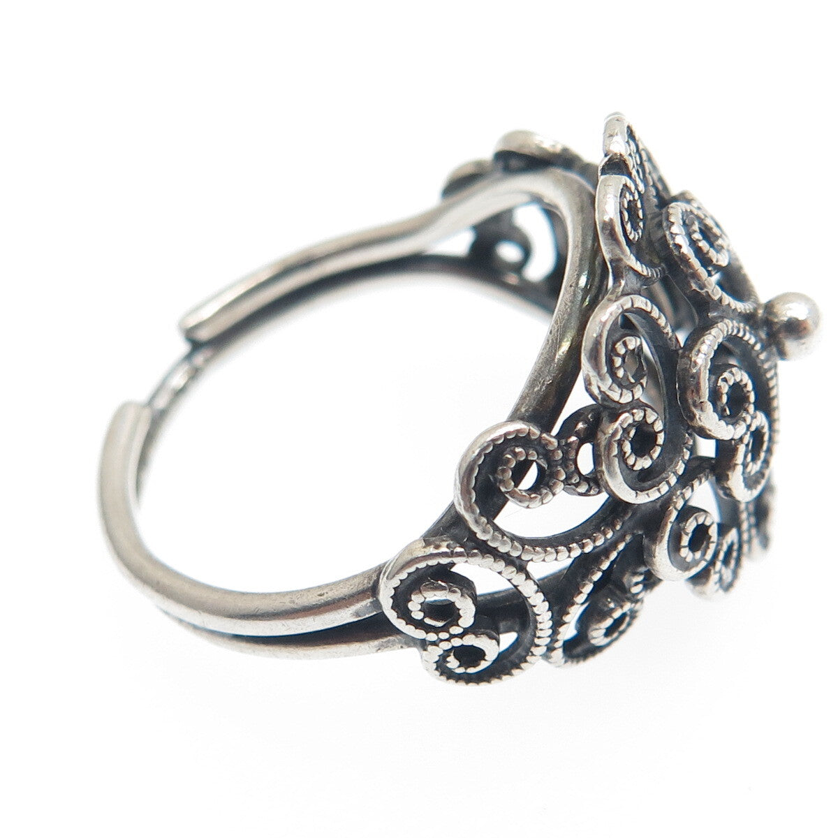 BEAU Sterling Silver Antique Art Deco Filigree Flower Adjustable Ring Size 6.5
