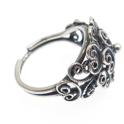 BEAU Sterling Silver Antique Art Deco Filigree Flower Adjustable Ring Size 6.5