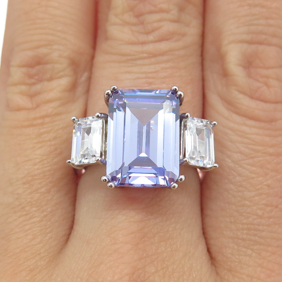 925 Sterling Silver Emerald-Cut Purple & White C Z Ring Size 7.25