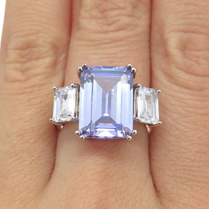925 Sterling Silver Emerald-Cut Purple & White C Z Ring Size 7.25