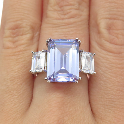 925 Sterling Silver Emerald-Cut Purple & White C Z Ring Size 7.25