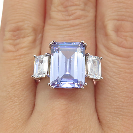 925 Sterling Silver Emerald-Cut Purple & White C Z Ring Size 7.25