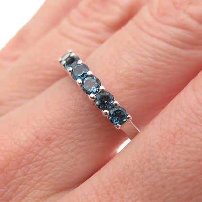 925 Sterling Silver Vintage Real Round-Cut London Blue Topaz Ring Size 7