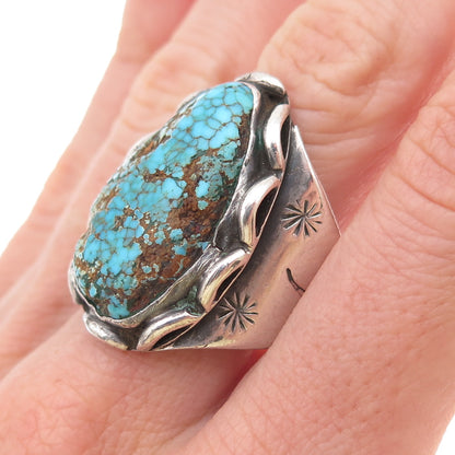 Old Pawn 925 Sterling Silver Vintage Peacock Turquoise Tribal Ring Size 10.25