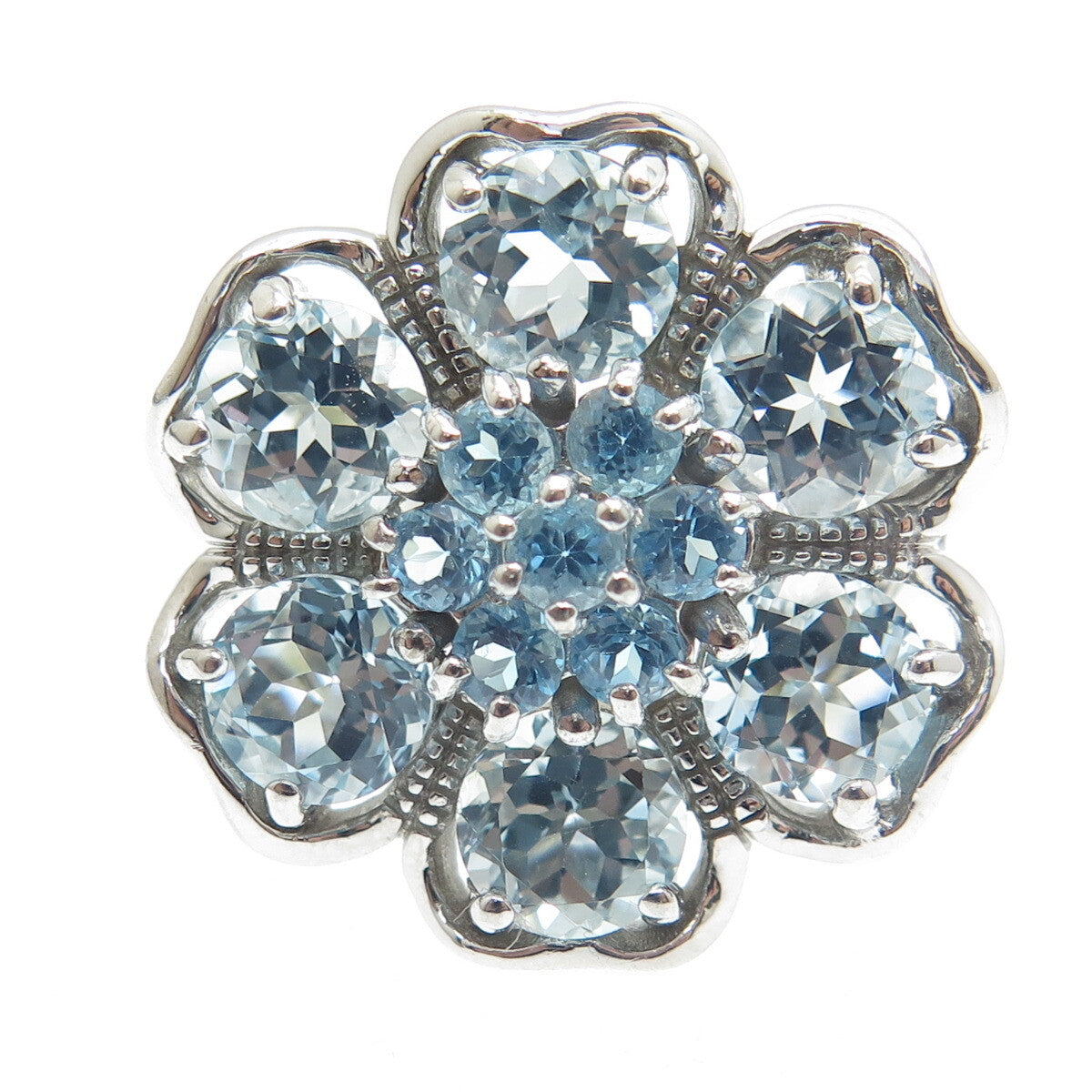 925 Sterling Silver Real Swiss & Blue Topaz Gemstone Flower Wide Ring Size 7.25