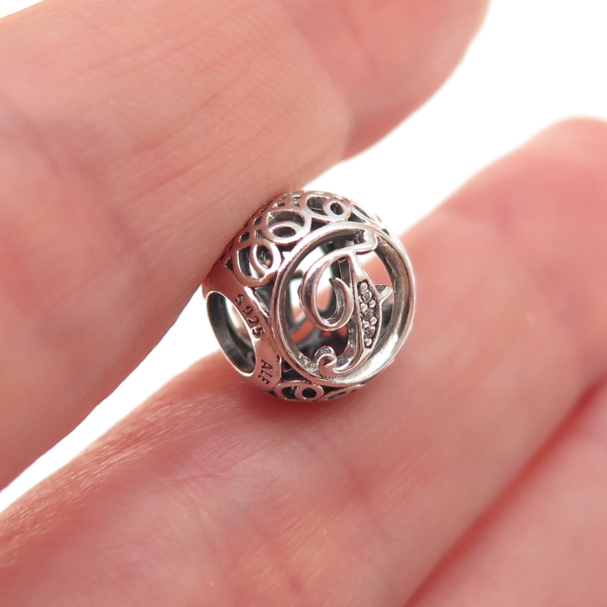 Pandora 925 Sterling Silver C Z Letter F Initial Slide Bead Charm