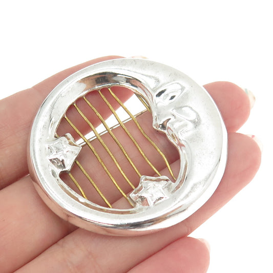 925 Sterling Silver 2-Tone Vintage Mexico Crescent Moon Pin Brooch