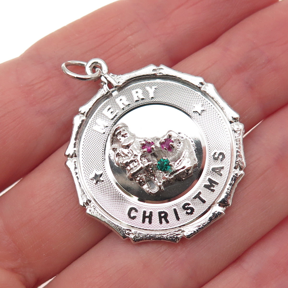 925 Sterling Silver Vintage Rhinestone Santa Merry Christmas Charm Pendant