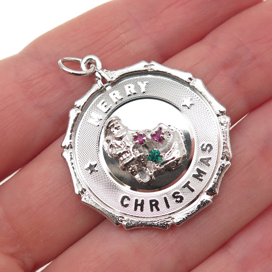 925 Sterling Silver Vintage Rhinestone Santa Merry Christmas Charm Pendant
