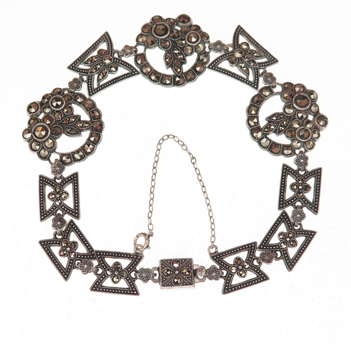 925 Sterling Silver Antique Art Deco Real Marcasite Floral Bracelet 7.25"