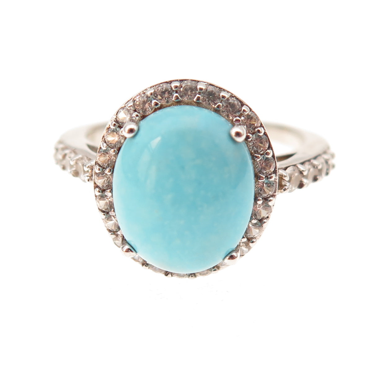 925 Sterling Silver Real Tyrone Turquoise & White Topaz Ring Size 8