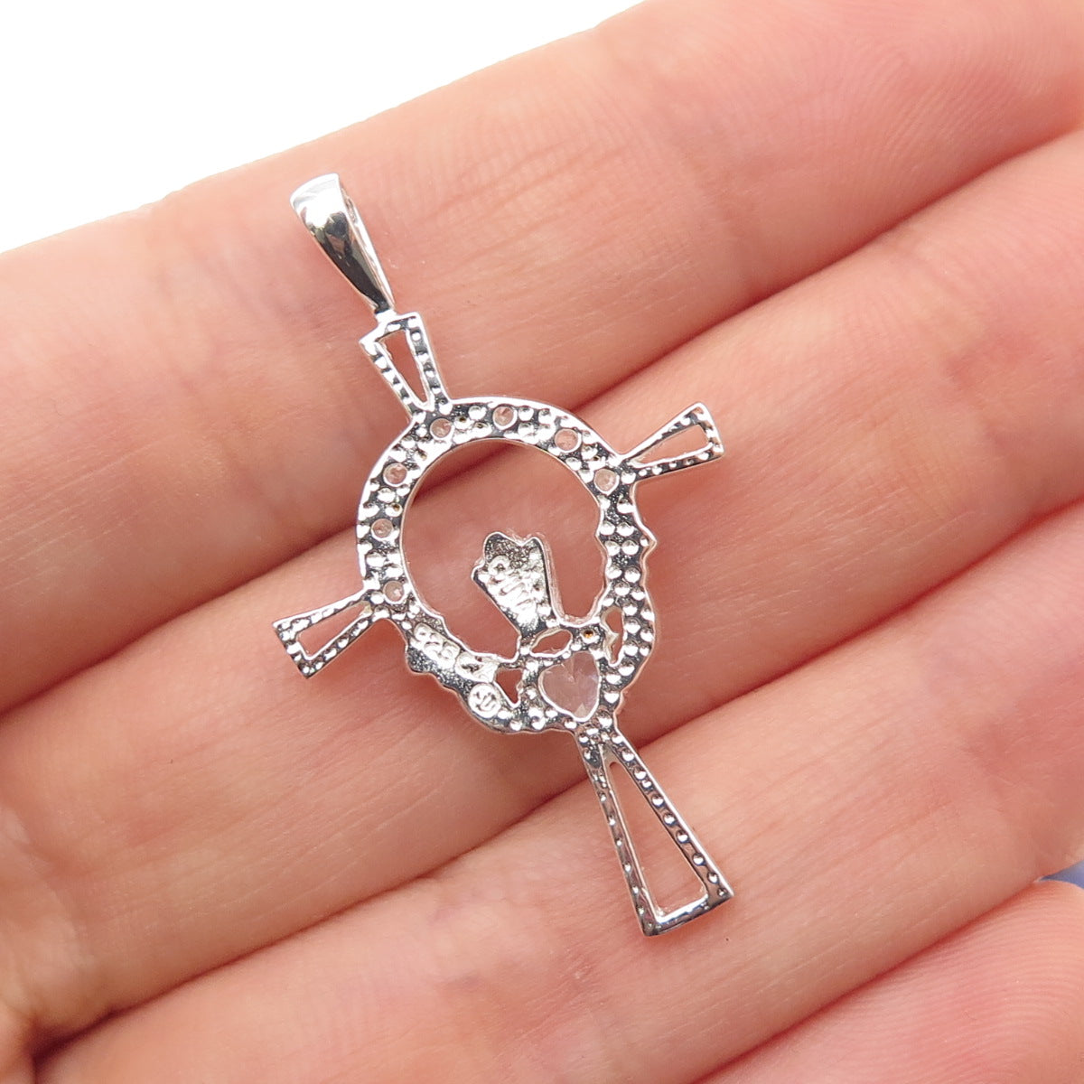 925 Sterling Silver Heart & Round-Cut C Z Irish Claddagh Cross Charm Pendant