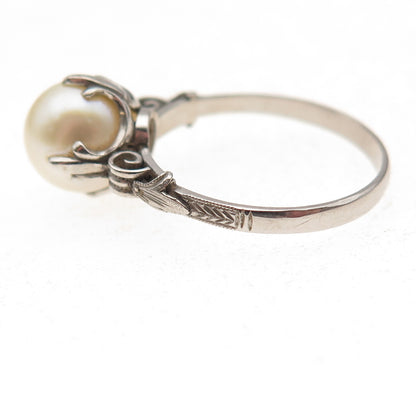 925 Sterling Silver Antique Art Deco Real Pearl Oxidized Ring Size 6.75