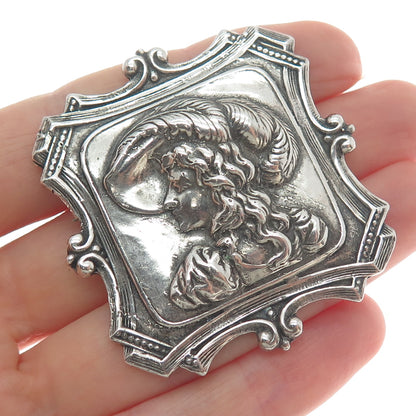 SHUBE 925 Sterling Silver Vintage Lady in Feather Hat Oxidized Pin Brooch