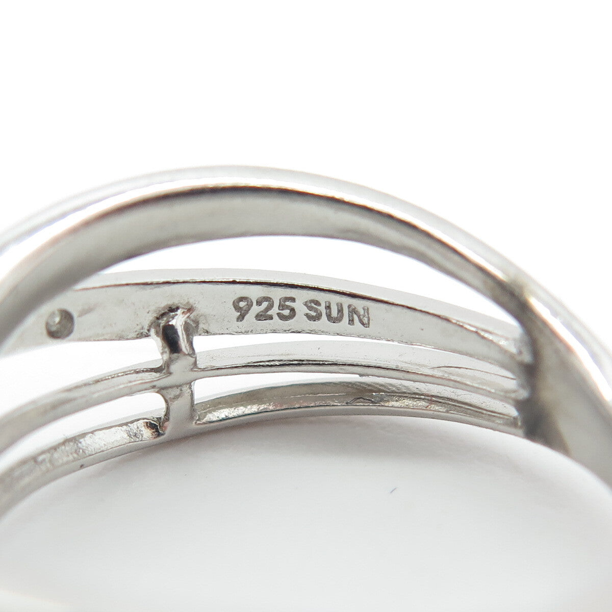 SUN 925 Sterling Silver Real Black & White Diamond Crisscross Ring Size 6.75