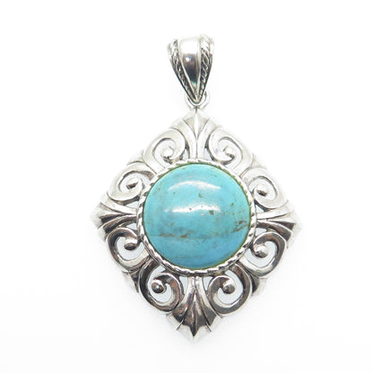 NK SILVER 925 Sterling Silver Vintage Real Cabochon Turquoise Ornate Pendant